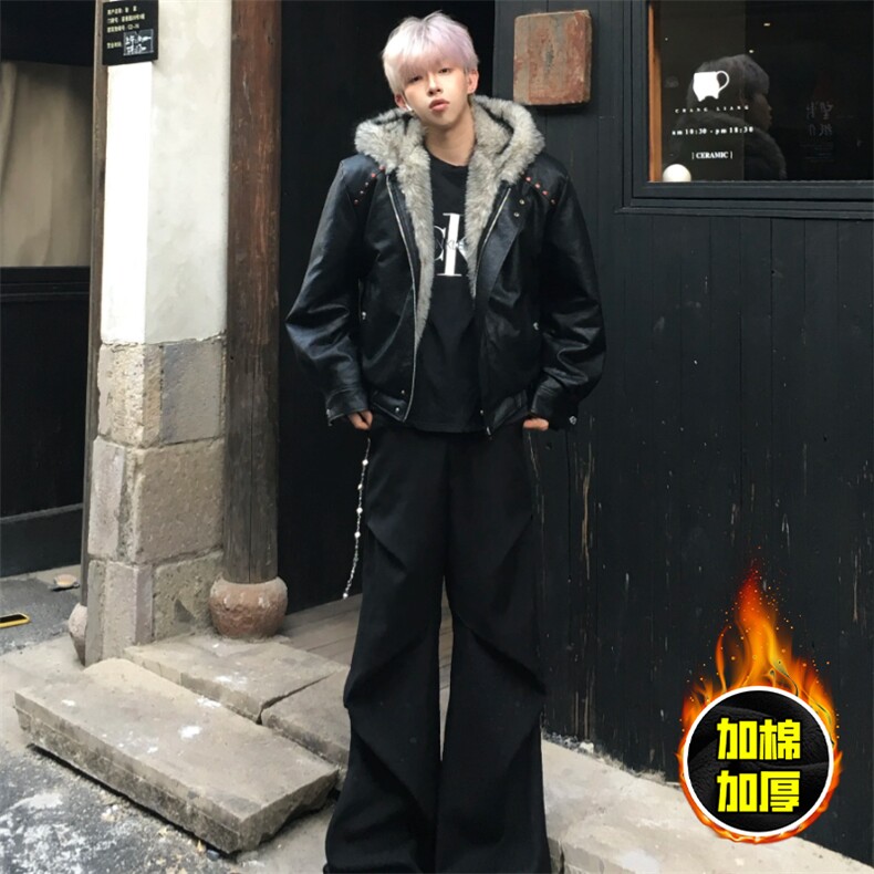 现货冬季美式潮牌痞帅PU皮机车服棉衣毛毛绒狼王座山雕皮棉服,男装棉衣,电商A486-1