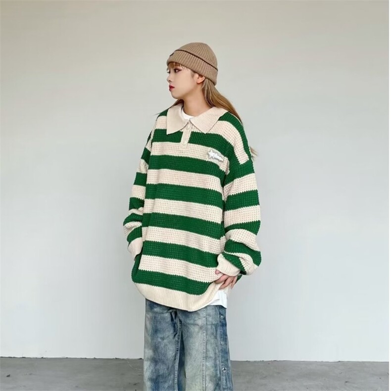 587-P42美式Polo领男女条纹针织衫长袖潮牌日系慵懒宽松，男装Polo衫，电商B323A