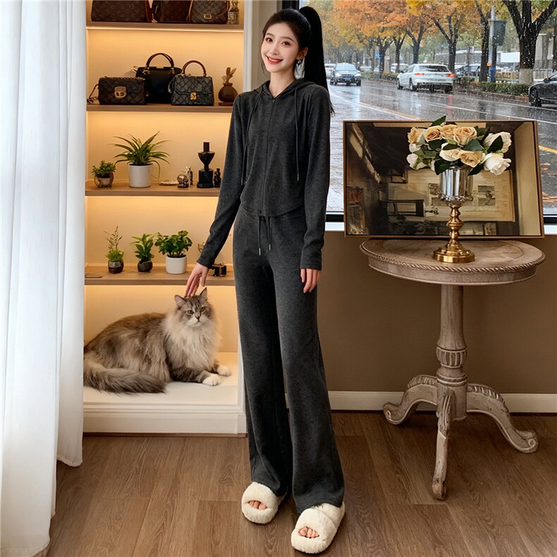 女秋季黑灰色休闲运动套装设计感拉链连帽开衫外套阔腿裤两件套潮，女装套装/套裙，江南
