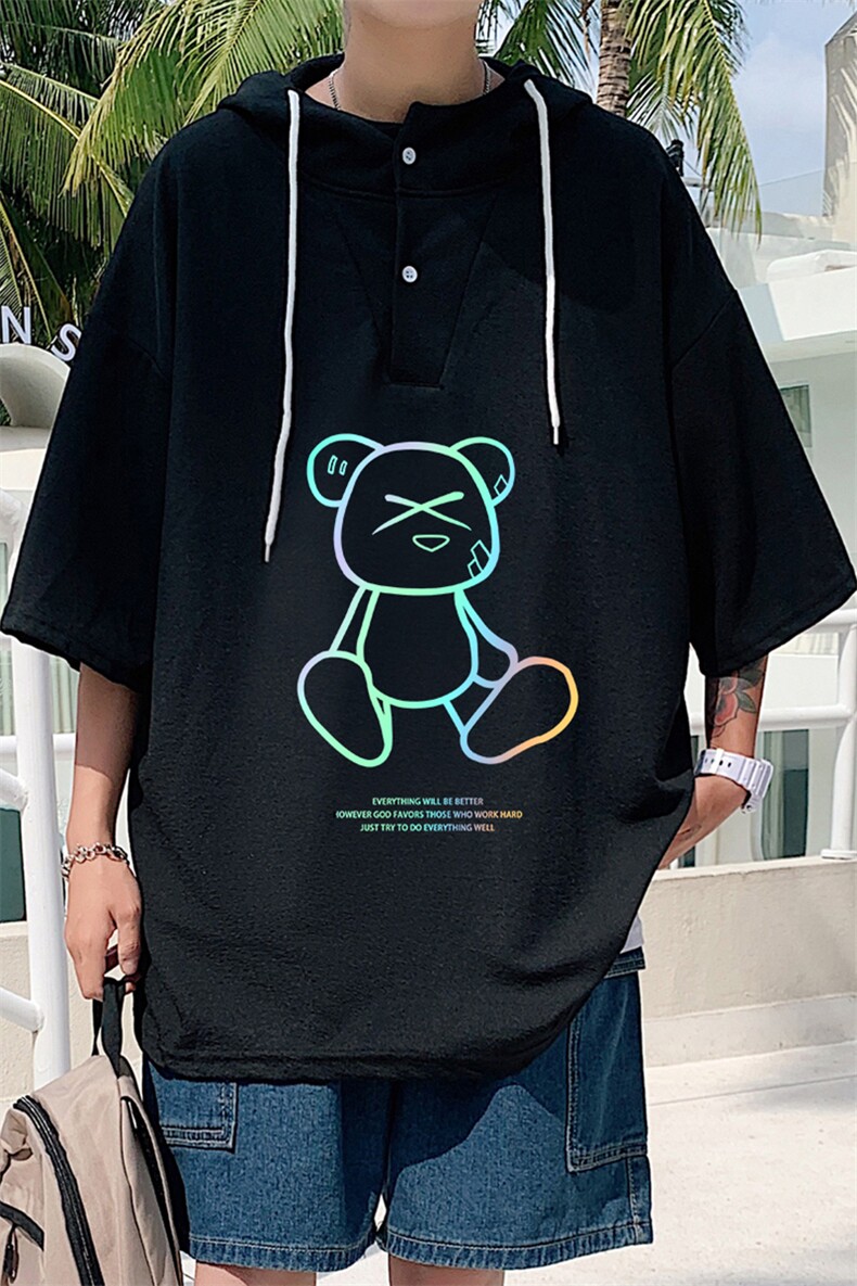 LD54139-P45连帽短袖t恤男大码胖子带帽五分袖中袖,男装T恤,电商A040