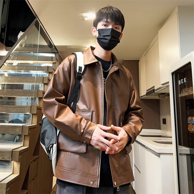 工装刺绣外套潮流情侣款机车皮衣男春季翻领夹克A266-PY007-P85,男装皮衣,电商A266