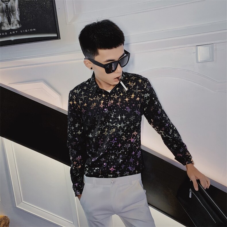 秋季长袖衬衫社会小伙满天星印花发型师个性男衬衣C301B-CS37图片
