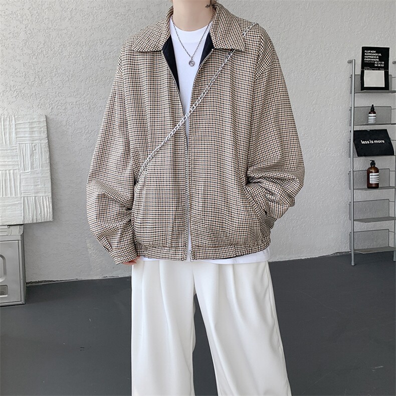 复古千鸟格哈灵顿双面穿拉链飞行夹克cleanfit两穿外套 JK1326P98图片