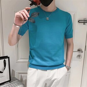 男春季潮韩版宽松百搭情侣冰丝短袖针织衫S251P35图片