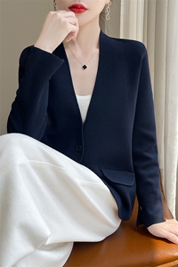 2025春季新款V领针织开衫女士宽松显瘦气质口袋职业外套西装上衣图片