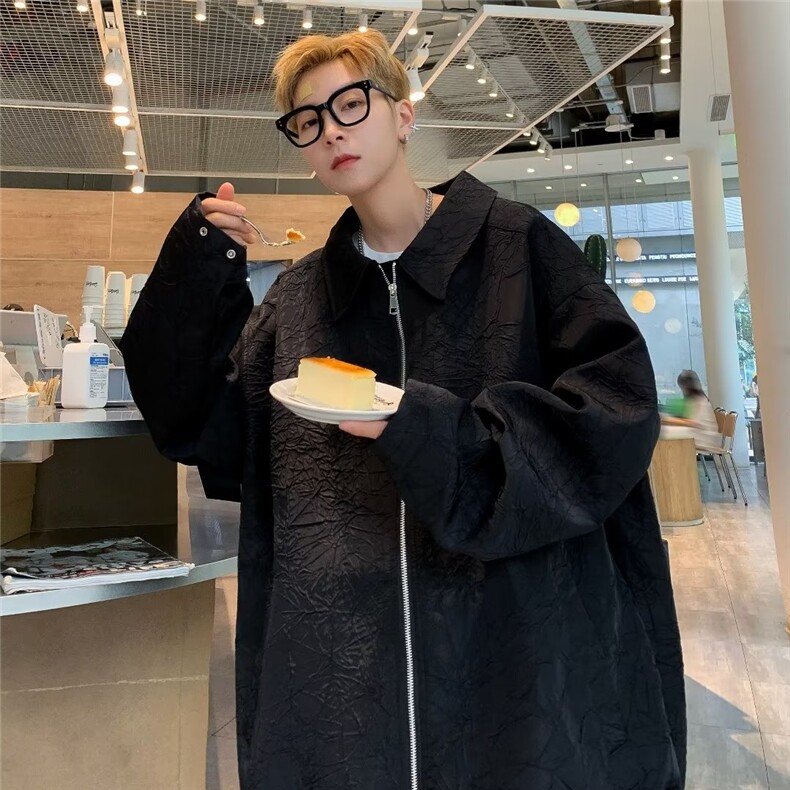 短款外套男女春秋款美式复古翻领棒球服潮牌褶皱飞行员夹克-W24图片