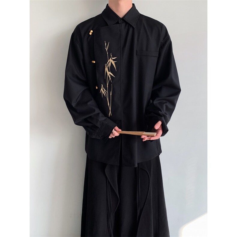 25秋冬男士新中式男士竹叶刺绣长袖加厚衬衫CS223-P88,男装衬衫,电商B288