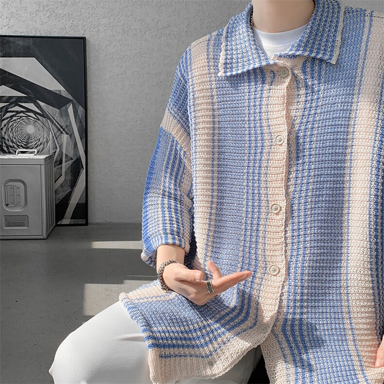 8XL-M 特大码美式撞色新中式短袖衬衫男翻领休闲针织开衫DX312P35图片