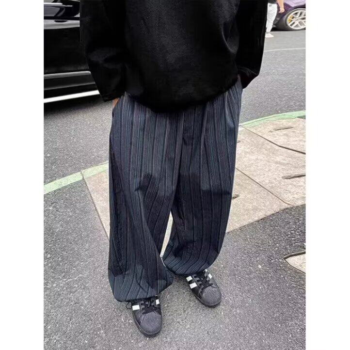复古黑蓝竖条纹阔腿裤男美式潮牌慵懒风宽松休闲设计感拖地裤长裤,男装休闲裤,四季星座505