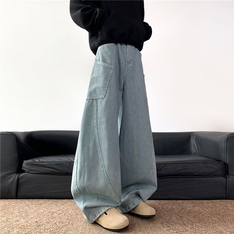 美式复古条纹设计感弯刀廓形工装牛仔裤男女高街宽松拖地阔腿长裤图片