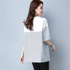 文艺2021年春季短袖宽松T恤气质时尚竖条纹圆领修身928，女装T恤，秋牧寒烟