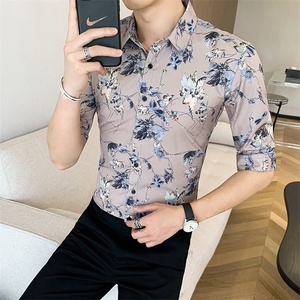 312A-191-P55 2025新款韩版修身帅气花衬衫英伦时尚男士衬衣B图片