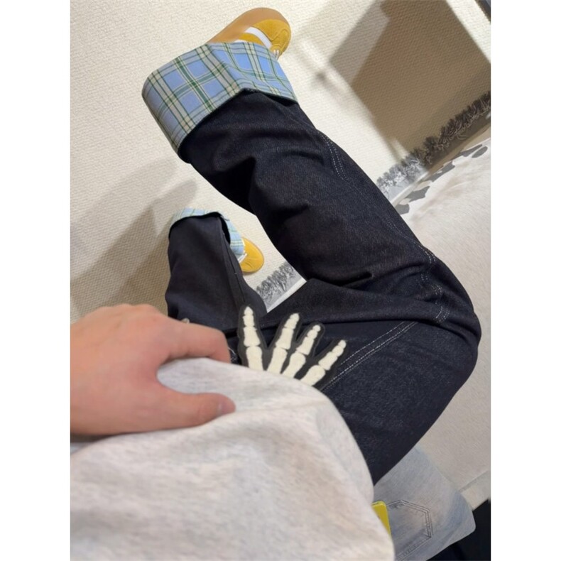 【有货】美式格子拼接卷边牛仔裤男女阔腿裤子NZ011LL-特P48,男装牛仔裤,星座1007（原301D）