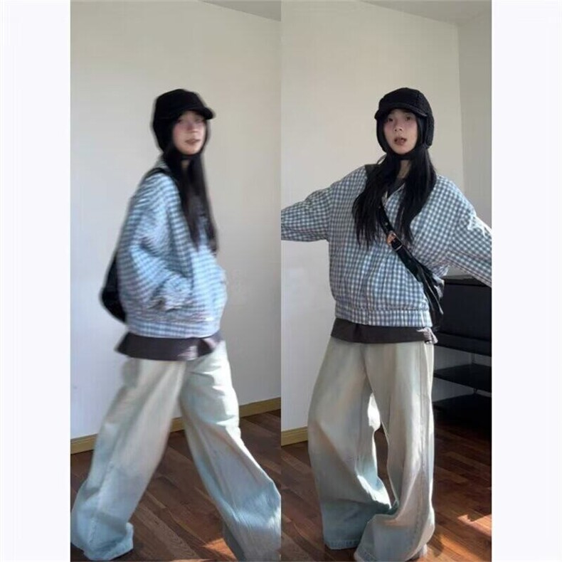 25春美式复古两面穿格纹外套宽松显瘦拉链开衫上衣JKK07p85特图片