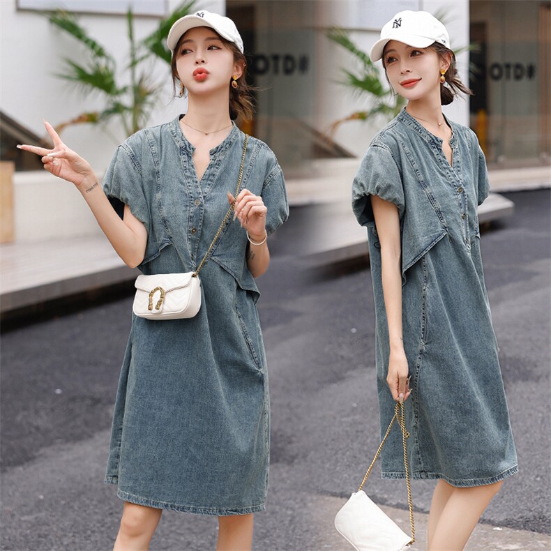 现货2023夏装新品时尚牛仔连衣裙女休闲宽松韩版舒适遮肉显瘦，女装连衣裙，钱塘布衣