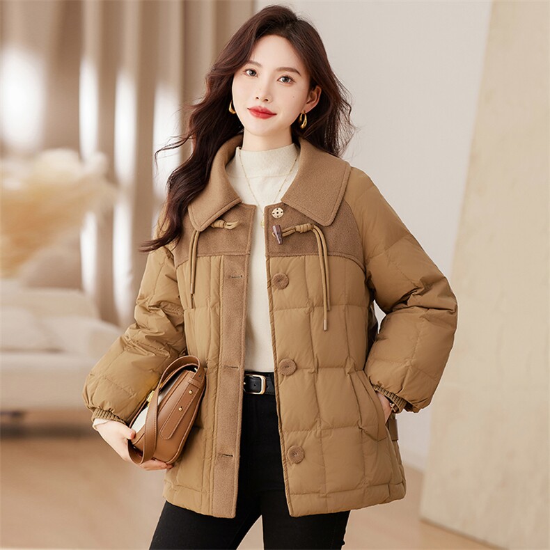 时尚牛角扣呢料拼接羽绒服中长款百搭冬装女装，女装羽绒服，衣之秀