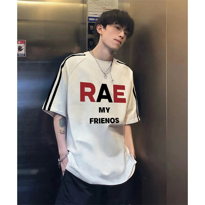 抖音得物高品质二开240克宽松纯棉美式潮牌三条杠织带短袖T恤，男装T恤，电商A486-1