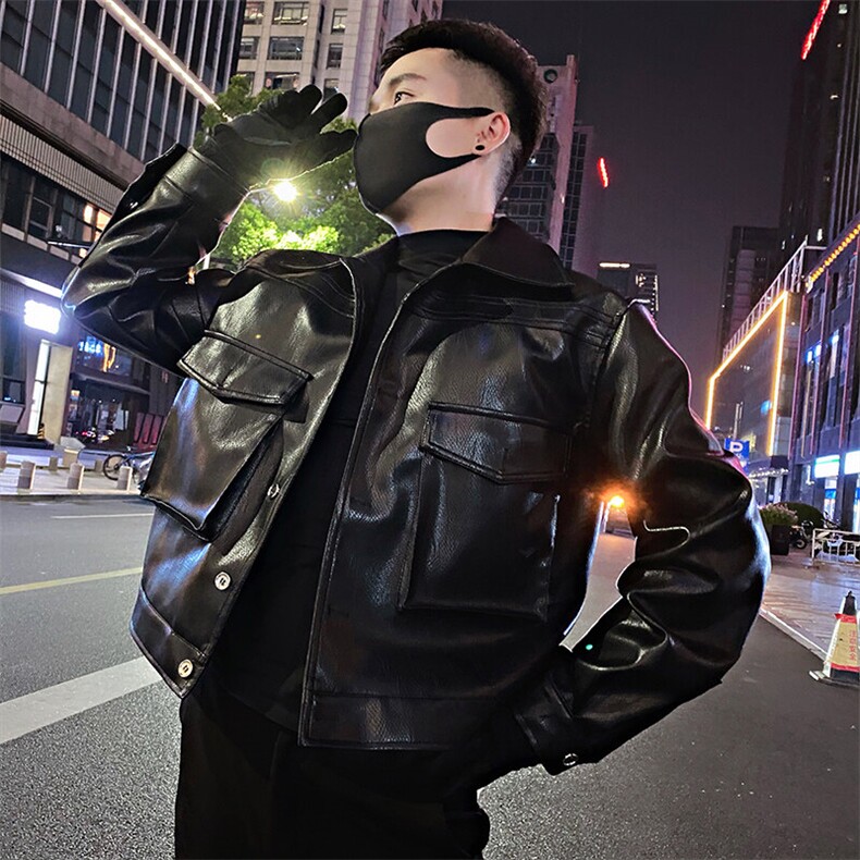 A01/P138控178春季社会小伙痞帅个性工装口袋皮衣夹克外套男黑首2,男装夹克,星座305B