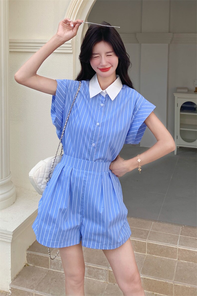 蓝色条纹时尚套装女夏季新款韩版宽松休闲衬衫高腰显瘦短裤两件套,女装套装/套裙,2D143
