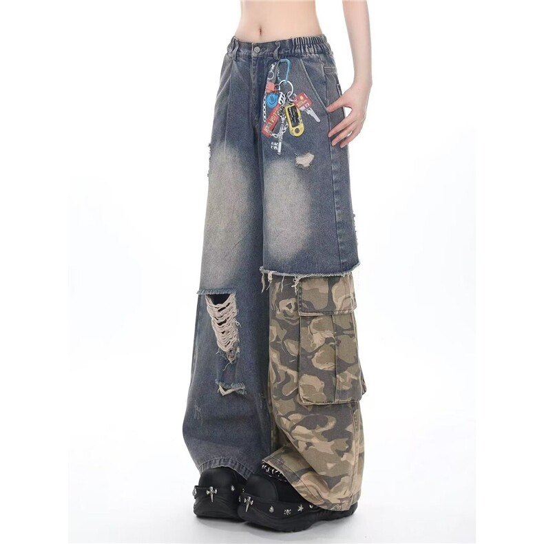 美式复古印花拼接迷彩牛仔裤女2025年春高级感炸街裤子宽松阔腿裤，男装牛仔裤，星座813-2