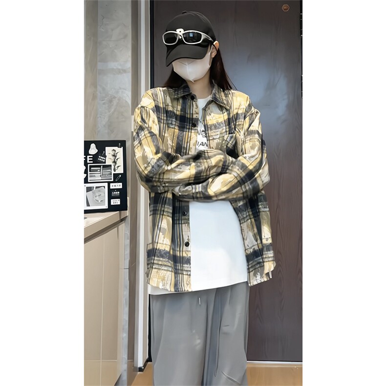 2025春秋新款美式刺绣仿扎染长袖衬衫格子衬衫CS3557特批50-控88,男装衬衫,星座810(原QT5070)