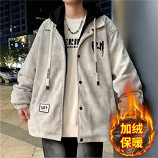 网络图现货潮流复古假两件连帽港风宽松加绒保暖夹克J7014-P70，男装夹克，星座715-7