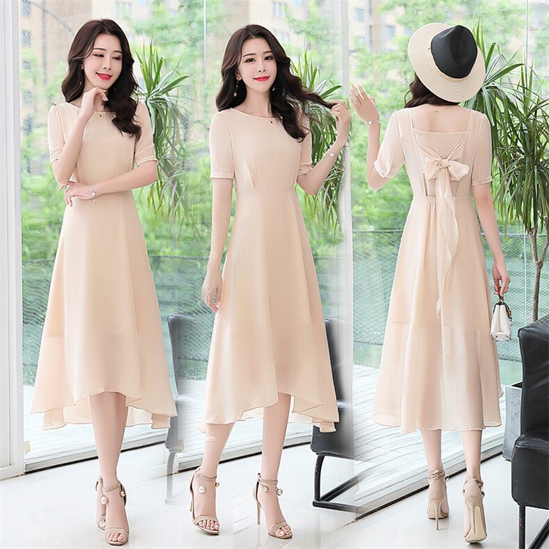 套头中腰雪纺连衣裙2021年夏季短袖中长款纯色淑女圆领，女装连衣裙，阿菲诺依