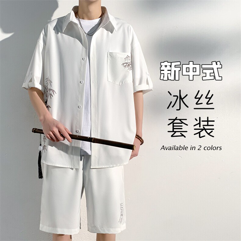 特批P48无差价夏季新中式冰丝印花大码五分套装男CD2267+DK2167图片