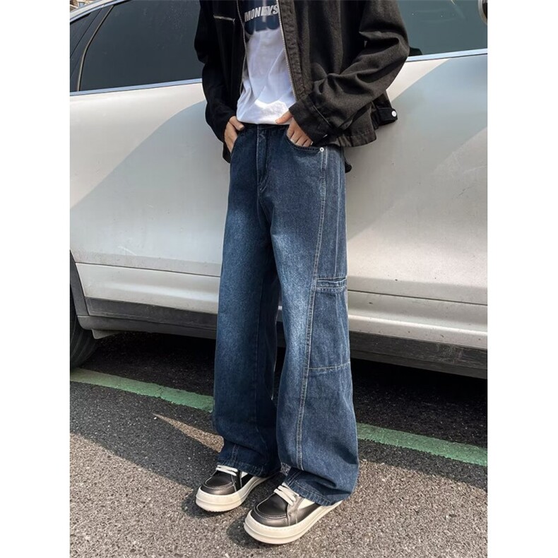 美式设计感小众阔腿工装牛仔裤男宽松新款休闲直筒拖地裤子,男装牛仔裤,星座410-6（原星座1304-1）