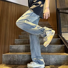 高街vibe风裤子夏季美式做旧破洞开叉牛仔裤男N6053P40，男装牛仔裤，星座1116-2