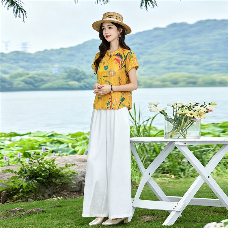 现货！夏季套装2026新款松弛感新中式盘扣上衣服女两件套端庄大气,女装套装/套裙,衣之秀