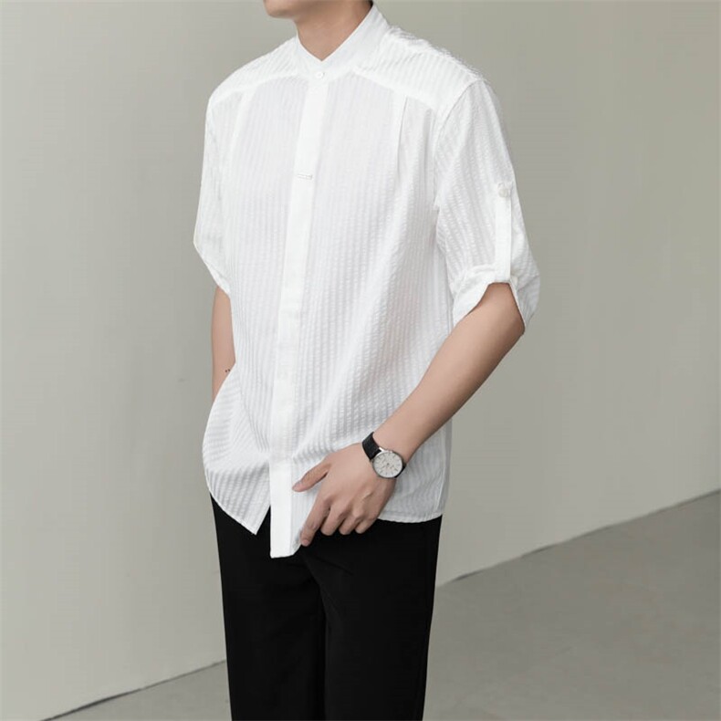 夏男立领条纹衬衫男休闲修身休闲衬衣轻熟风A236-82550-P60,男装衬衫,电商A236