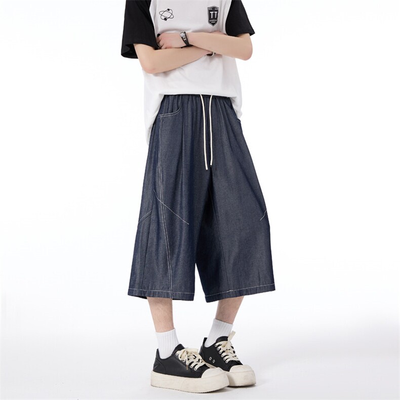 解构明线七分牛仔裤男夏季薄款美式高街vibe宽松阔腿潮流过膝短裤,男装牛仔裤,电商C305A