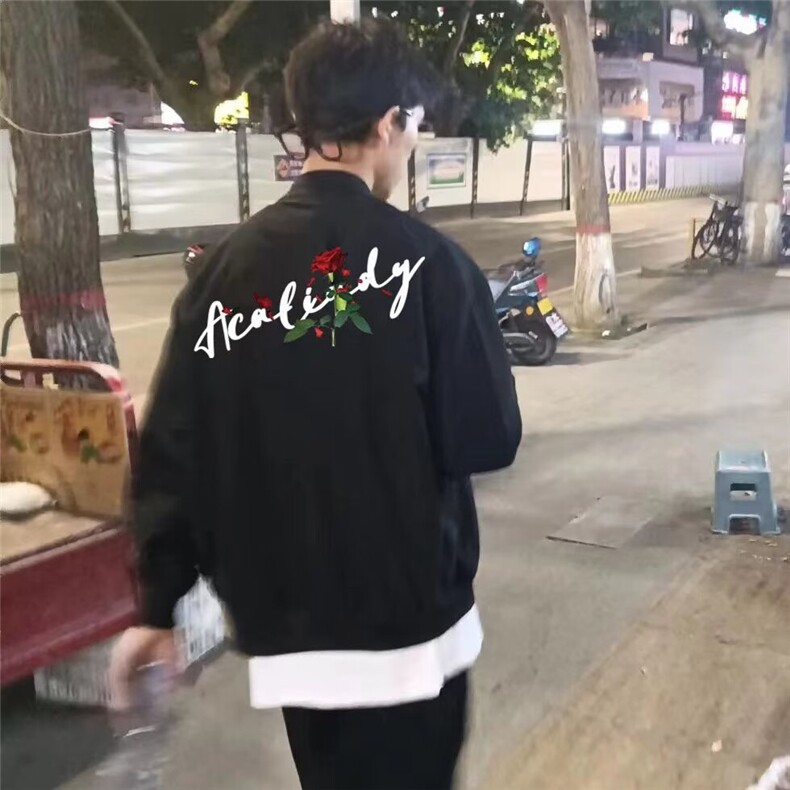 美式高街网红夹克男女樱花手绘印花宽松百搭春夏季情侣棒球服外套图片