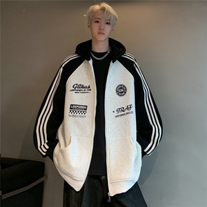 360克重磅条纹开衫卫衣男春秋季拼色复古休闲连帽外套JK109-P78图片