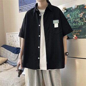 华夫格口袋衬衫夏季港风bf宽松短袖男潮牌百搭休闲外套 W3174-P32图片