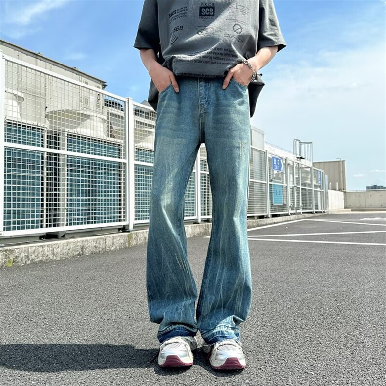 痕牛仔裤男cleanfit美式街头潮牌直筒宽松垂感微喇长裤RK3039-P47,男装牛仔裤,星座412-1