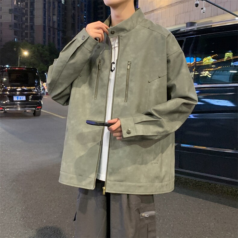 立领机车外套男春秋美式痞帅青年铆钉复古做旧皮夹克JK0193-P88图片