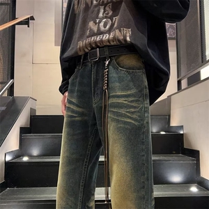 牛仔裤男秋季vibe美式潮牌水洗做旧裤子宽松直筒微喇长裤图片
