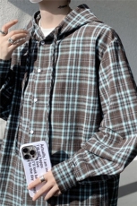 连帽格子衬衫男春季宽松大码慵懒风复古潮牌格纹休闲外套CS29011，男装衬衫，电商B312