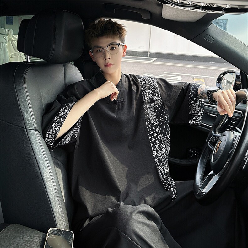 新中式亚麻短袖T恤男款夏季青少年国潮设计感复古五分袖宽松上衣，男装T恤，电商B238