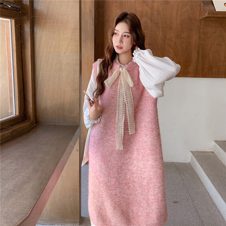 可爱甜美粉色针织背心连衣裙套装女春秋2025新款温柔别致减龄长裙,女装套装/套裙,2C261