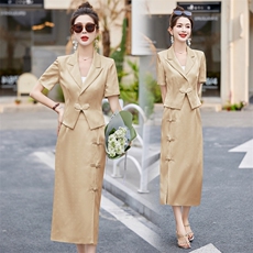 新中式国风职业套装女2024夏季新款时尚气质盘扣西装半身裙两件套，女装套装/套裙，时尚俏佳人