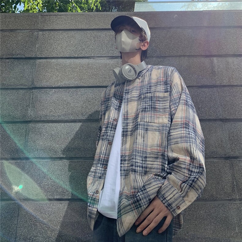 抖音品质美式高街纯棉男士长袖格子衬衫DX509P55控89,男装衬衫,电商B413-1