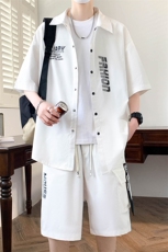 港风套装男夏季冰丝宽松休闲短袖衬衫短裤两件套-JZ66-P53，男装休闲套装，星座310B