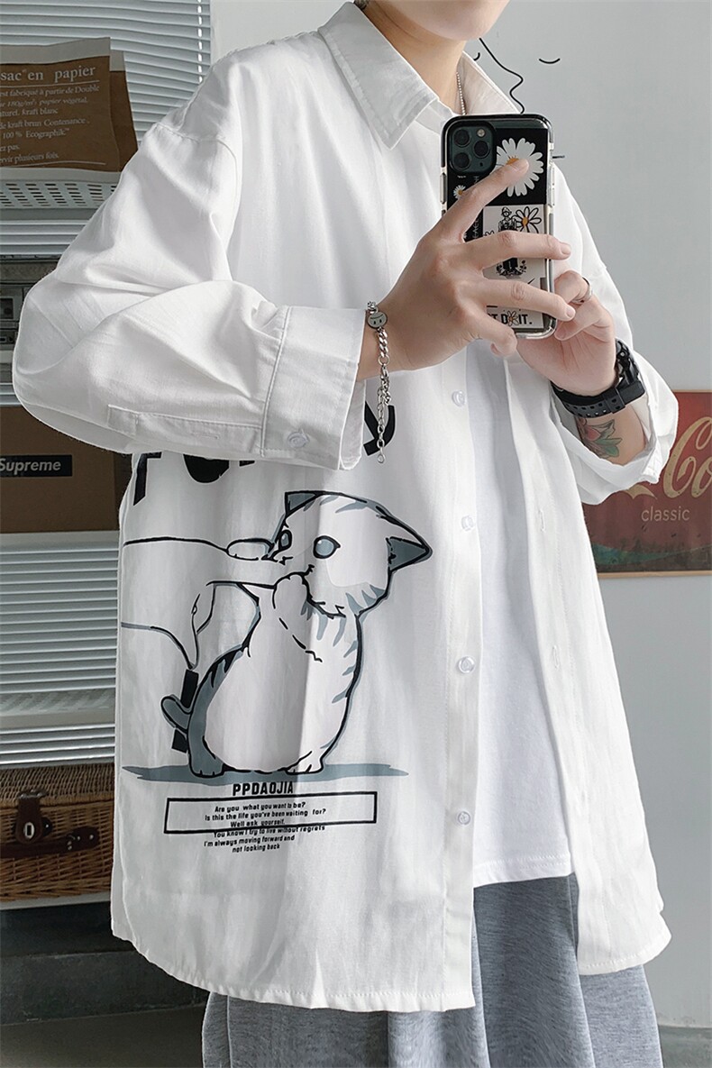 2021夏季新港风短句日系大码男猫咪印花宽松七分袖衬衫C3005-P45,男装衬衫,电商A001