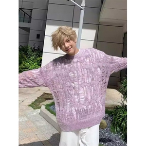 早秋季镂空宽松薄款针织衫男女复古破坏小众长袖T恤圆领 TZ103图片