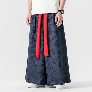 夏季新款新中式风缎面提花阔腿裤大码汉服休闲裤K255/P70