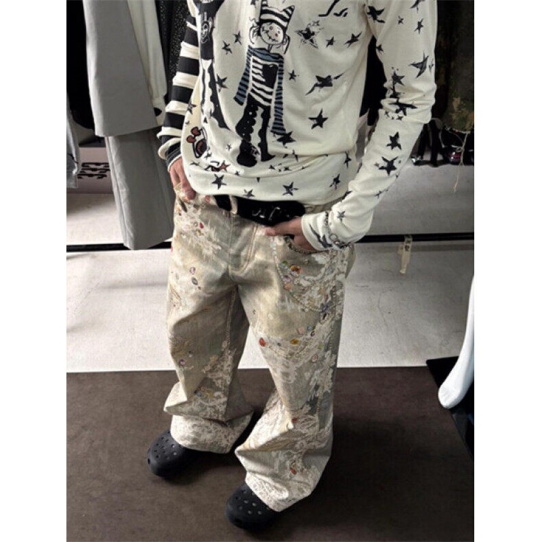 沅余景天同款水洗复古牛仔裤印花长裤涂鸦直筒休闲裤N1065,男装休闲裤,星座1116A（原606A-3）