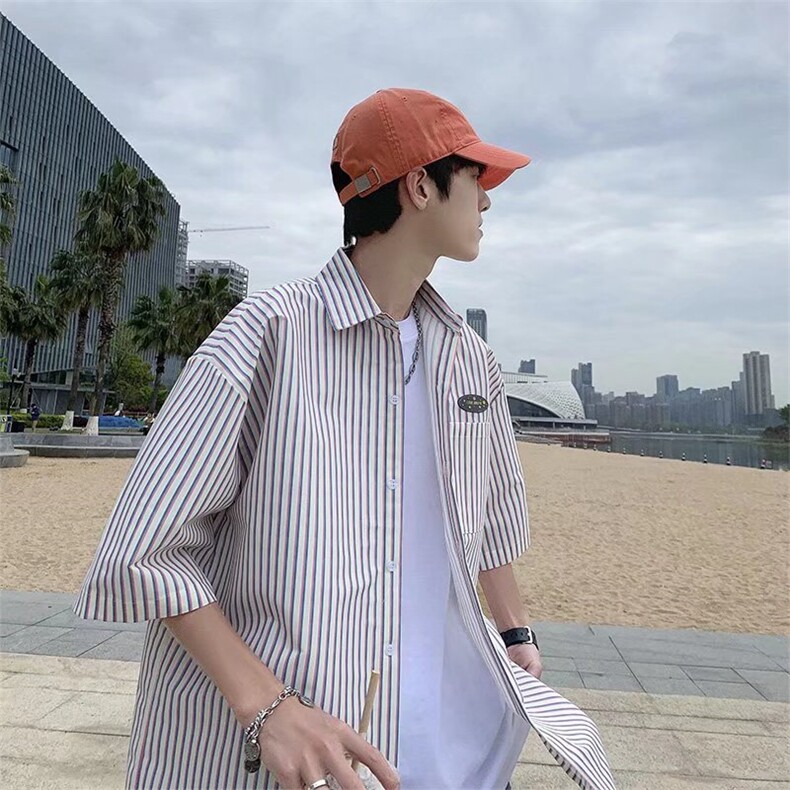 潮潮流男慵懒日系条纹新款复古冰丝条纹短袖衬衫C85P30,男装衬衫,星座1116-2